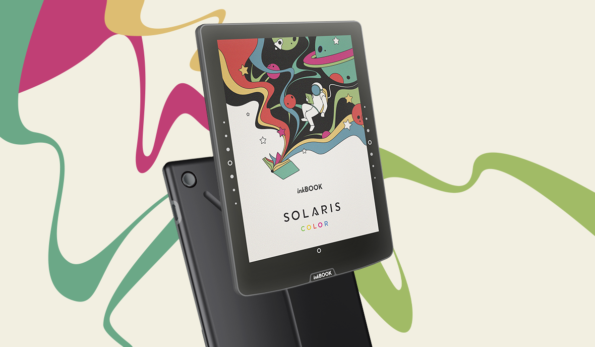 inbook Solaris Color e-reader on a colorful abstract background