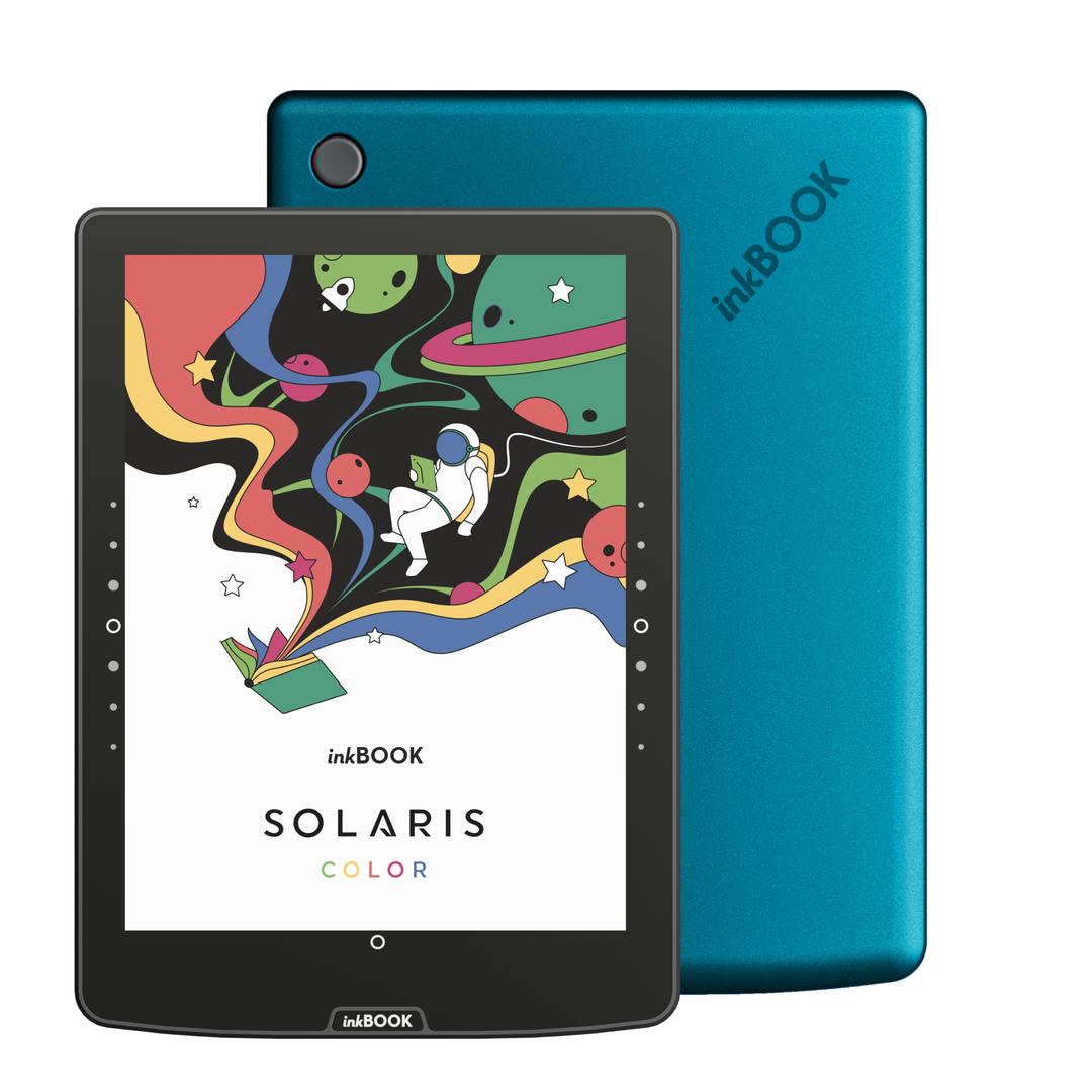 inkBOOK Solaris Color Ocean ereader with colorful design on screen and blue back