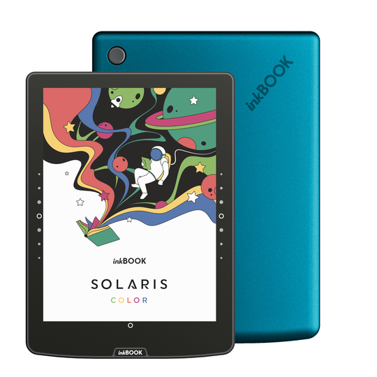 inkBOOK Solaris Color Ocean ereader with colorful design on screen and blue back