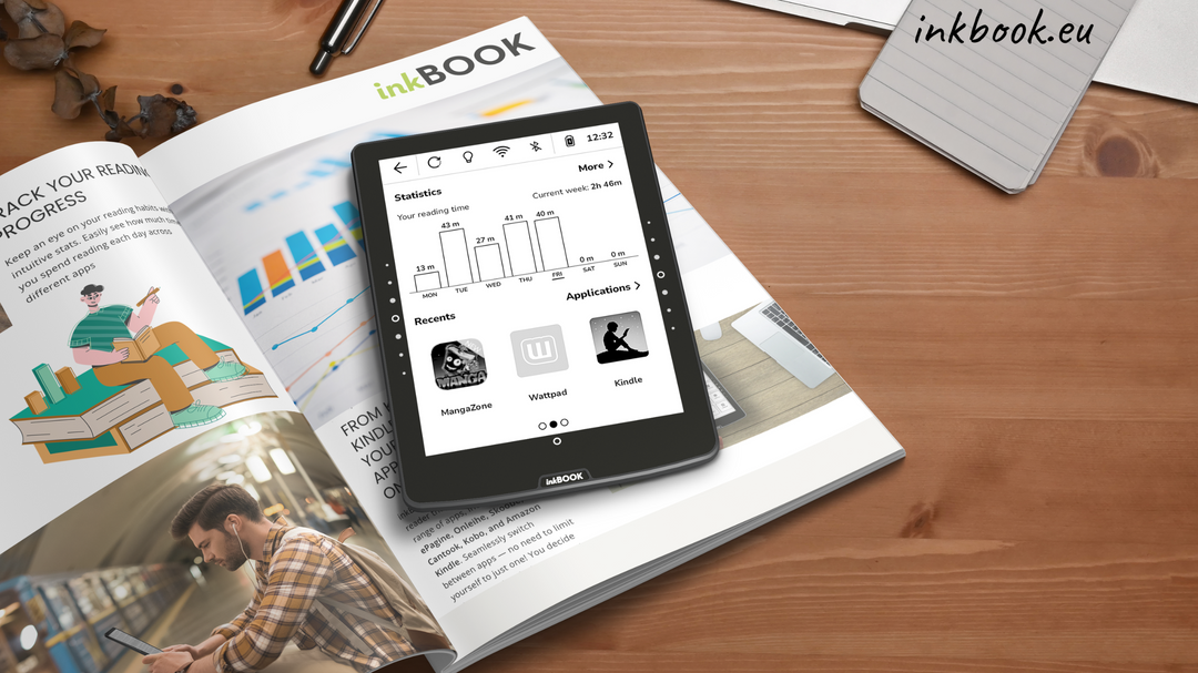 inkBOOK Solaris e-book reader on the desk with statistic app view